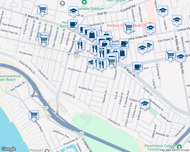 map of restaurants, bars, coffee shops, grocery stores, and more near 321s Borchard Drive in Ventura