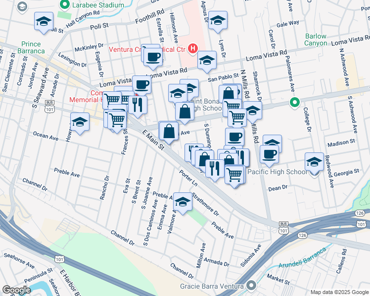 map of restaurants, bars, coffee shops, grocery stores, and more near 3146 Doreen Way in Ventura