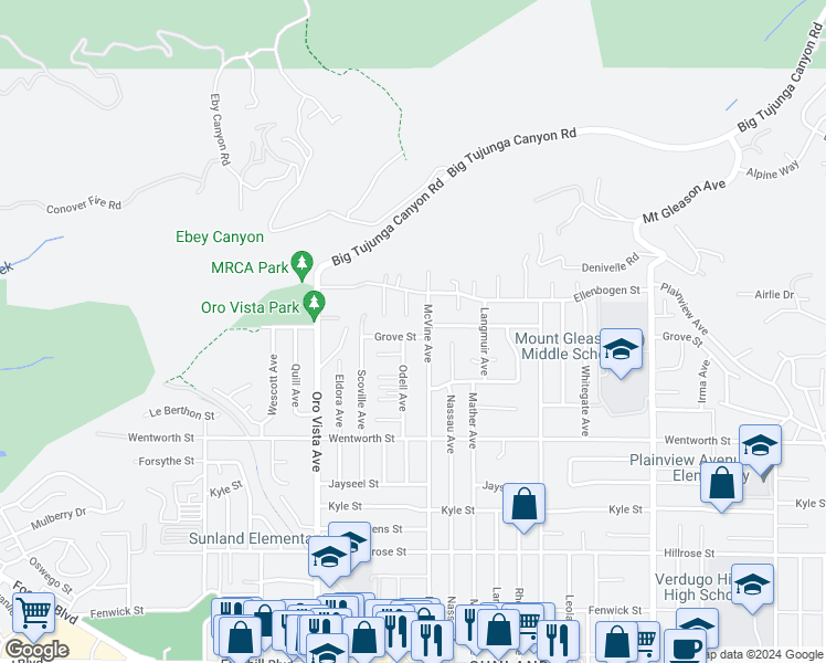 map of restaurants, bars, coffee shops, grocery stores, and more near 8217 Grove Street in Los Angeles