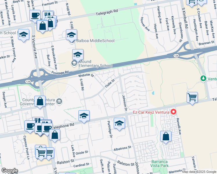map of restaurants, bars, coffee shops, grocery stores, and more near 6671 Sargent Lane in Ventura