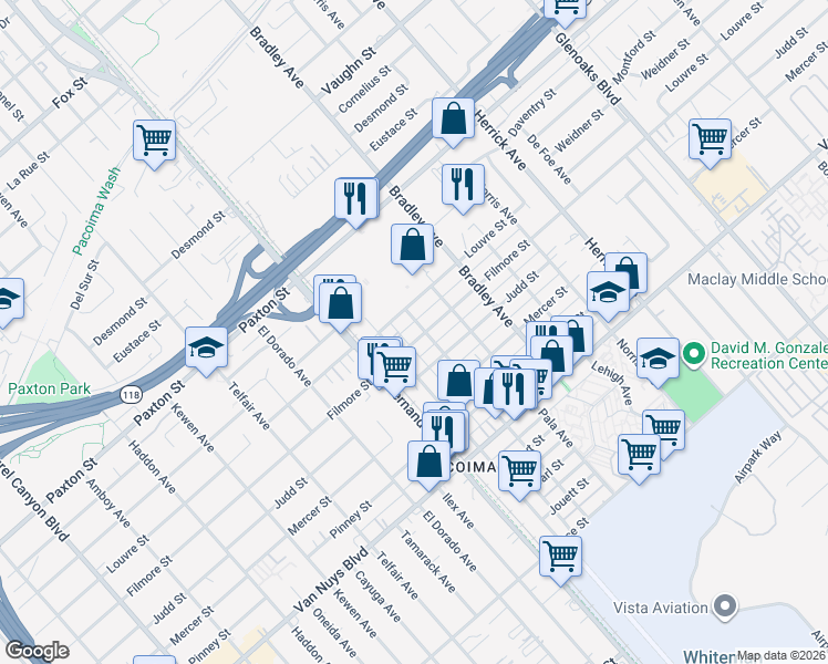 map of restaurants, bars, coffee shops, grocery stores, and more near 13333 Filmore Street in Los Angeles