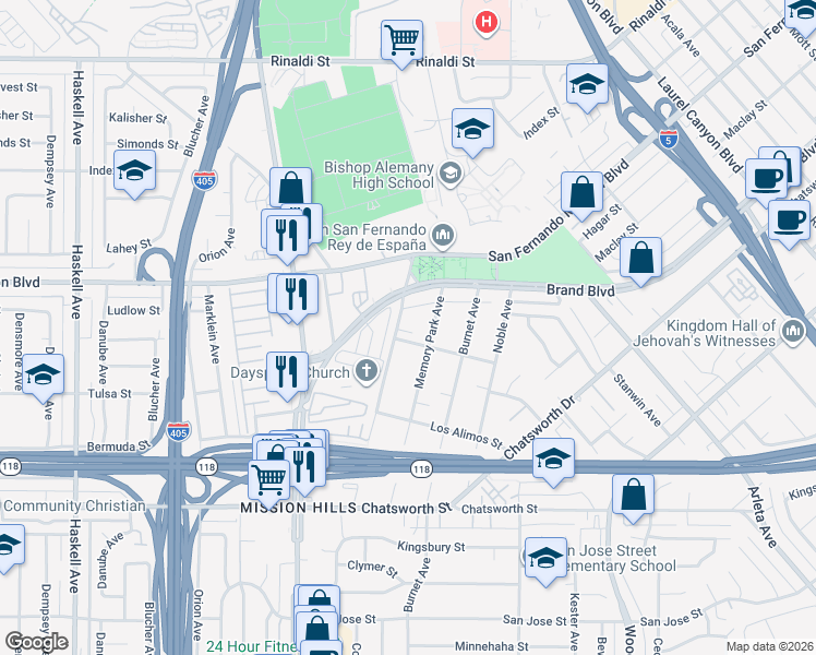 map of restaurants, bars, coffee shops, grocery stores, and more near 11017 Memory Park Avenue in Los Angeles