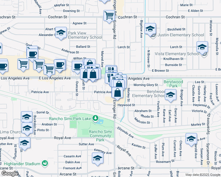 map of restaurants, bars, coffee shops, grocery stores, and more near 1843 Patricia Avenue in Simi Valley