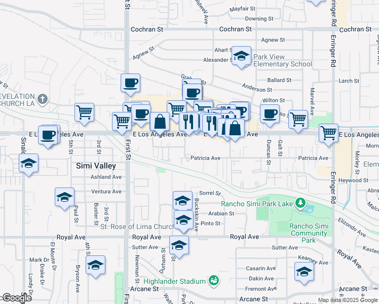 map of restaurants, bars, coffee shops, grocery stores, and more near 1335 Patricia Avenue in Simi Valley