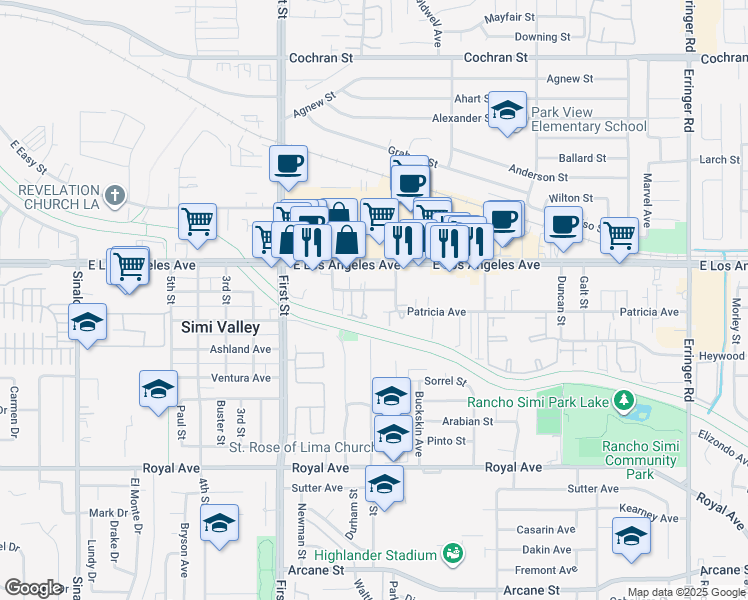 map of restaurants, bars, coffee shops, grocery stores, and more near 1280 Patricia Avenue in Simi Valley