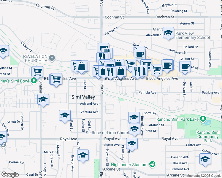 map of restaurants, bars, coffee shops, grocery stores, and more near 1196 Patricia Street in Simi Valley
