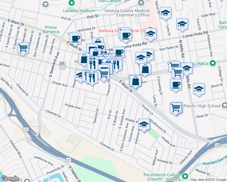 map of restaurants, bars, coffee shops, grocery stores, and more near 211 Eva Street in Ventura