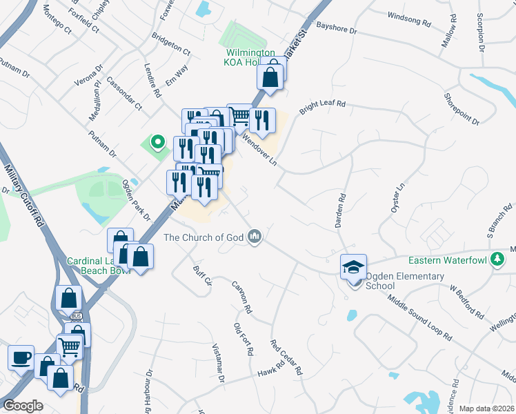map of restaurants, bars, coffee shops, grocery stores, and more near 217 Middle Sound Loop Road in Wilmington