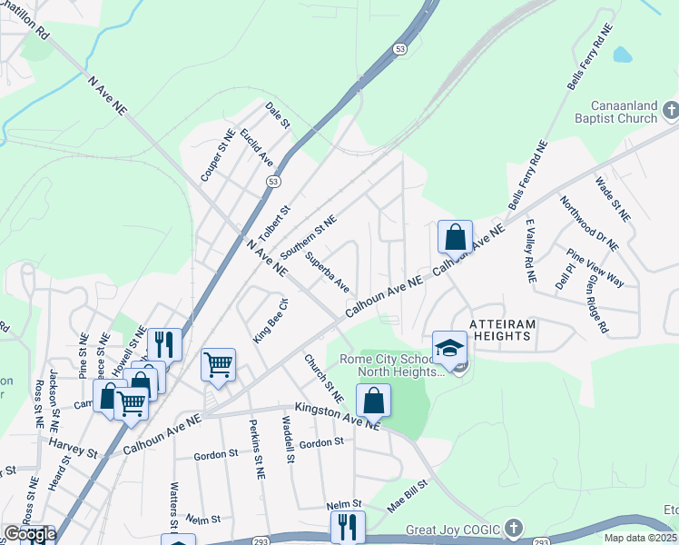 map of restaurants, bars, coffee shops, grocery stores, and more near 507 Superba Avenue Northeast in Rome