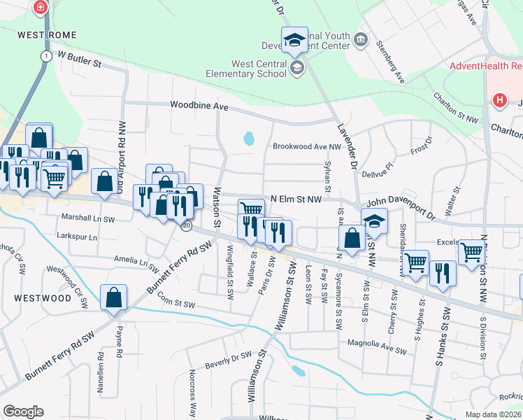 map of restaurants, bars, coffee shops, grocery stores, and more near 107 Dellwood Drive Northwest in Rome
