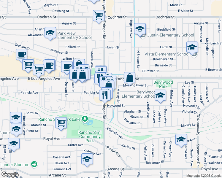 map of restaurants, bars, coffee shops, grocery stores, and more near 1850 Erringer Rd in Simi Valley