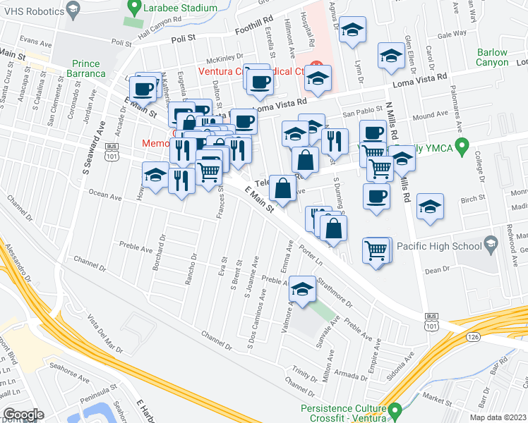 map of restaurants, bars, coffee shops, grocery stores, and more near 3007 Porter Lane in Ventura