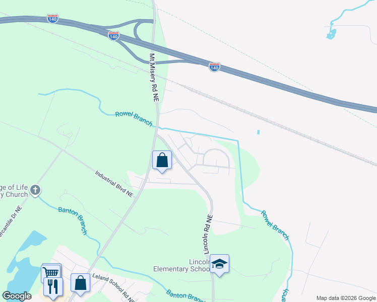 map of restaurants, bars, coffee shops, grocery stores, and more near 9507 Seany Drive Northeast in Leland