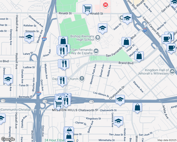 map of restaurants, bars, coffee shops, grocery stores, and more near 15158 Rachel Lane in Los Angeles