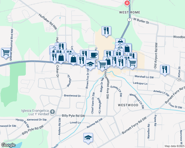 map of restaurants, bars, coffee shops, grocery stores, and more near 5 Brown Fox Drive Southwest in Rome