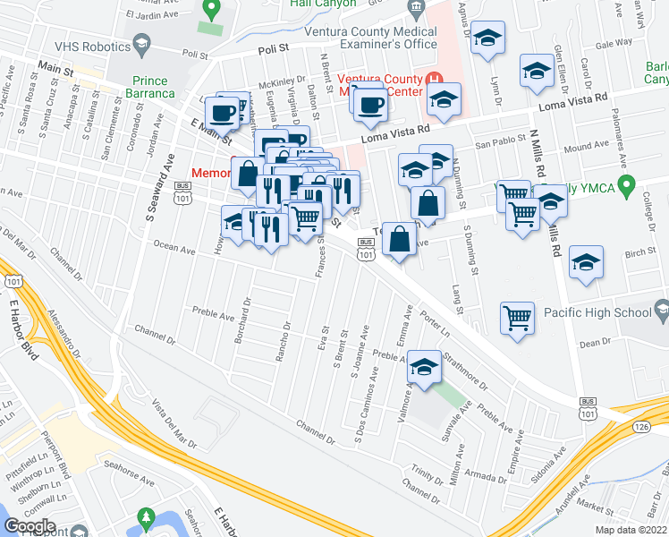 map of restaurants, bars, coffee shops, grocery stores, and more near 211 Eva Street in Ventura