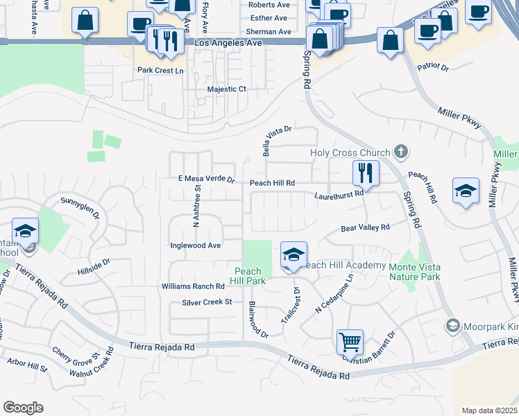 map of restaurants, bars, coffee shops, grocery stores, and more near 4359 Brookdale Lane in Moorpark