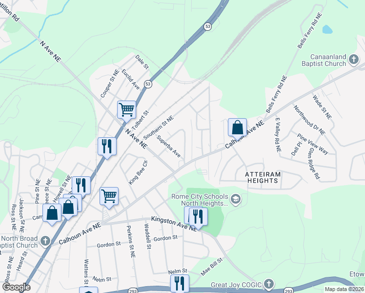 map of restaurants, bars, coffee shops, grocery stores, and more near 39 Clervue Circle in Rome
