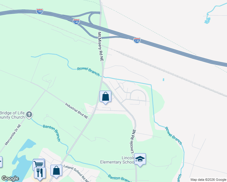 map of restaurants, bars, coffee shops, grocery stores, and more near 9498 Huckabee Drive Northeast in Leland