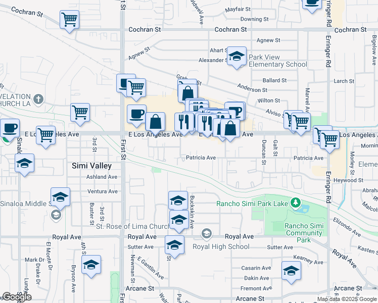 map of restaurants, bars, coffee shops, grocery stores, and more near 1335 Patricia Avenue in Simi Valley