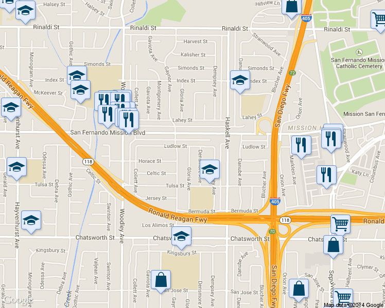 map of restaurants, bars, coffee shops, grocery stores, and more near 11012 Gloria Avenue in Los Angeles