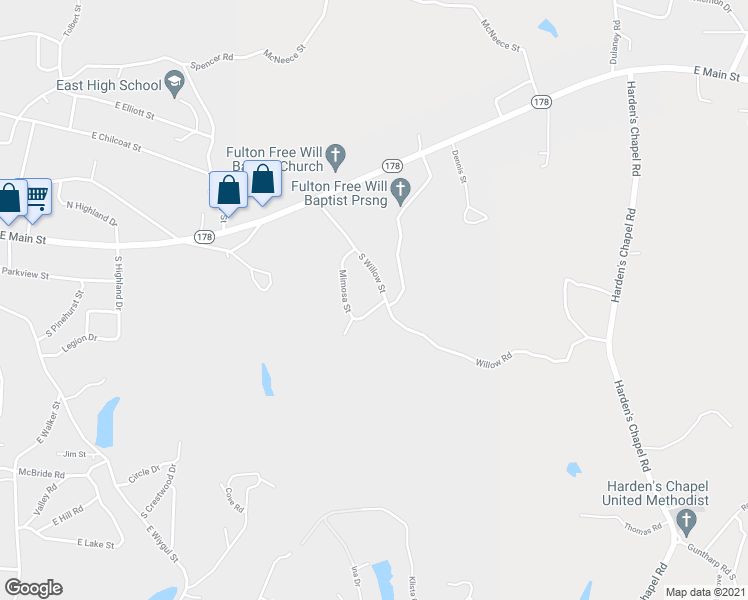 map of restaurants, bars, coffee shops, grocery stores, and more near 413 Mimosa Street in Fulton