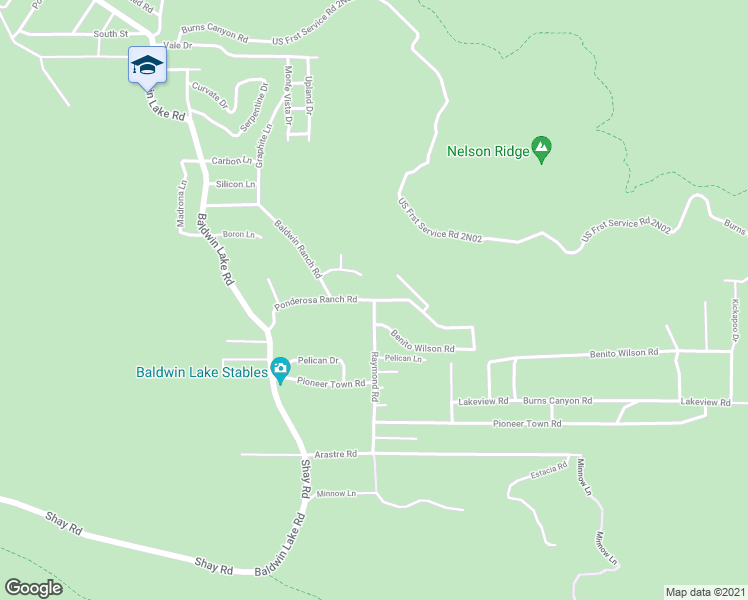 map of restaurants, bars, coffee shops, grocery stores, and more near Ponderosa Ranch Road in Big Bear