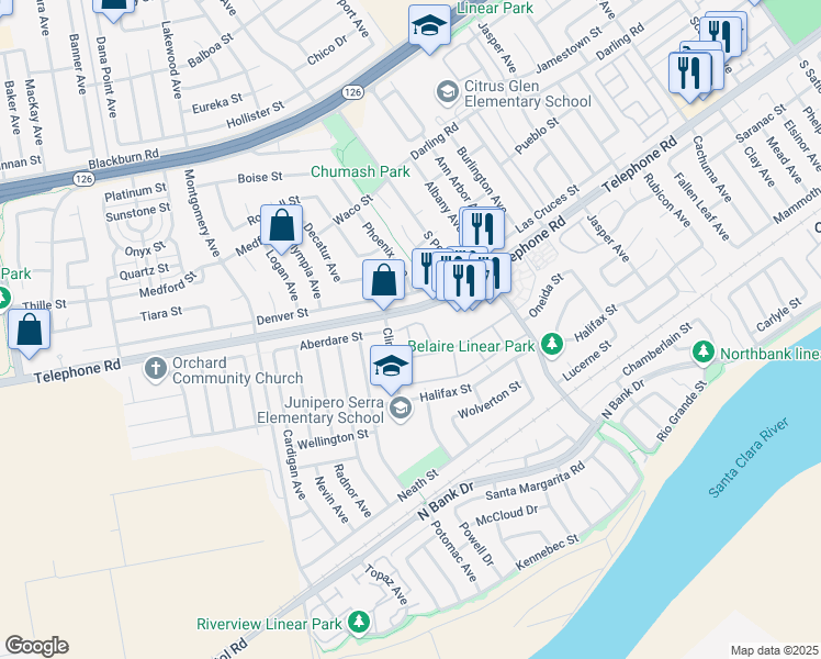 map of restaurants, bars, coffee shops, grocery stores, and more near 8972 Aberdare Street in Ventura