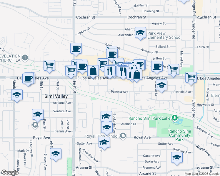 map of restaurants, bars, coffee shops, grocery stores, and more near 1335 Patricia Avenue in Simi Valley
