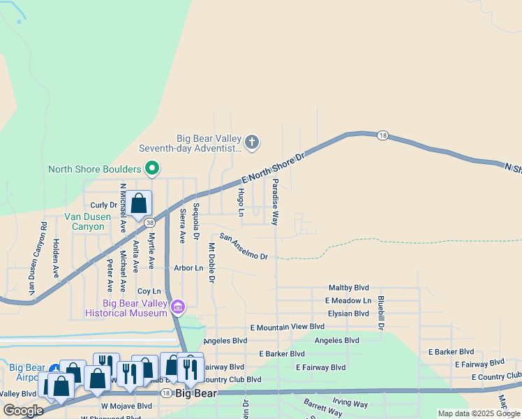 map of restaurants, bars, coffee shops, grocery stores, and more near 1048 Circle Drive in Big Bear
