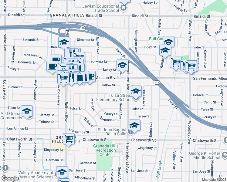 map of restaurants, bars, coffee shops, grocery stores, and more near 16661 Horace Street in Los Angeles