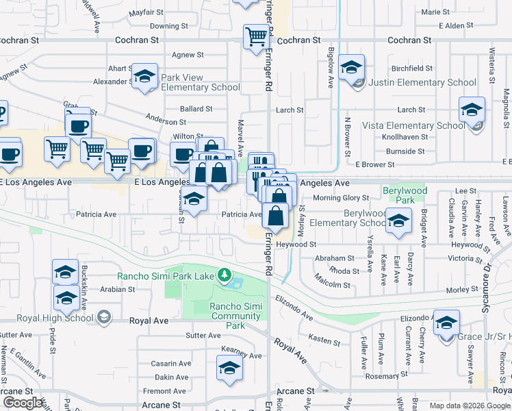 map of restaurants, bars, coffee shops, grocery stores, and more near 1843 Patricia Avenue in Simi Valley