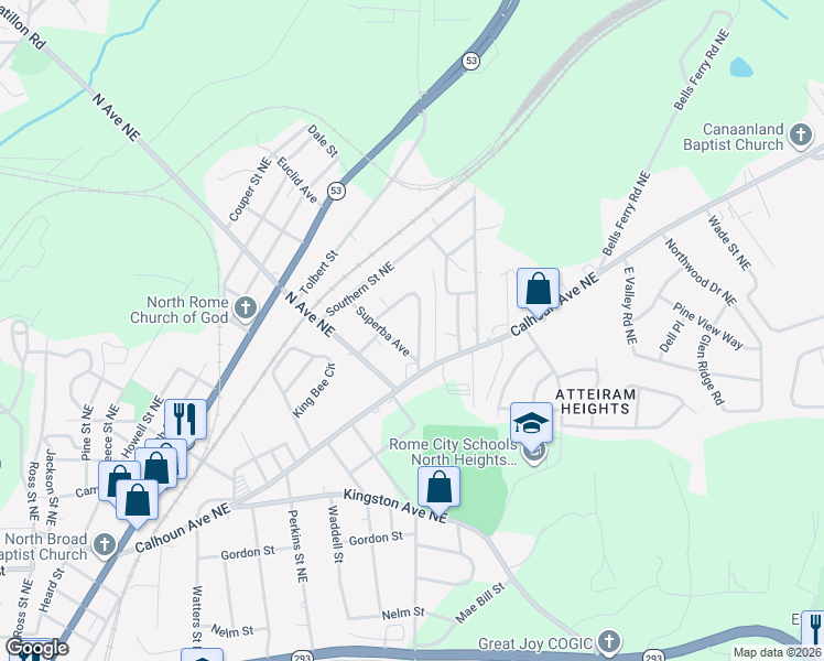 map of restaurants, bars, coffee shops, grocery stores, and more near 39 Clervue Circle in Rome