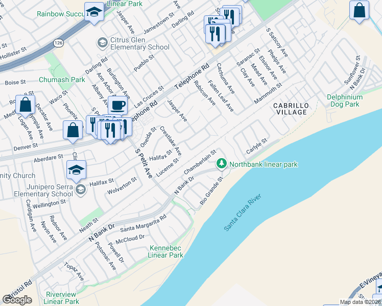 map of restaurants, bars, coffee shops, grocery stores, and more near 9782 Big Horn Street in Ventura