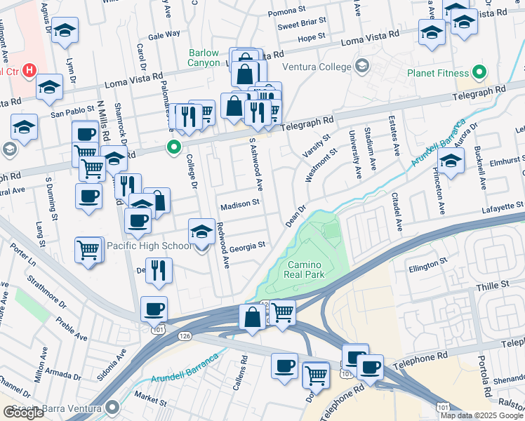 map of restaurants, bars, coffee shops, grocery stores, and more near 315 South Ashwood Avenue in Ventura