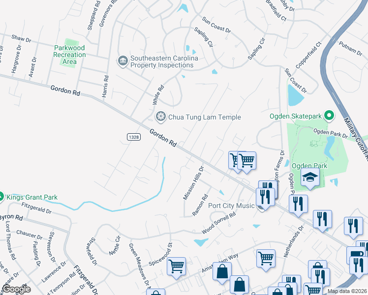 map of restaurants, bars, coffee shops, grocery stores, and more near 6325 Gordon Road in Wilmington