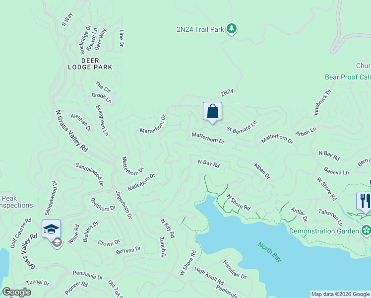 map of restaurants, bars, coffee shops, grocery stores, and more near 27547 Alpen Drive in Lake Arrowhead