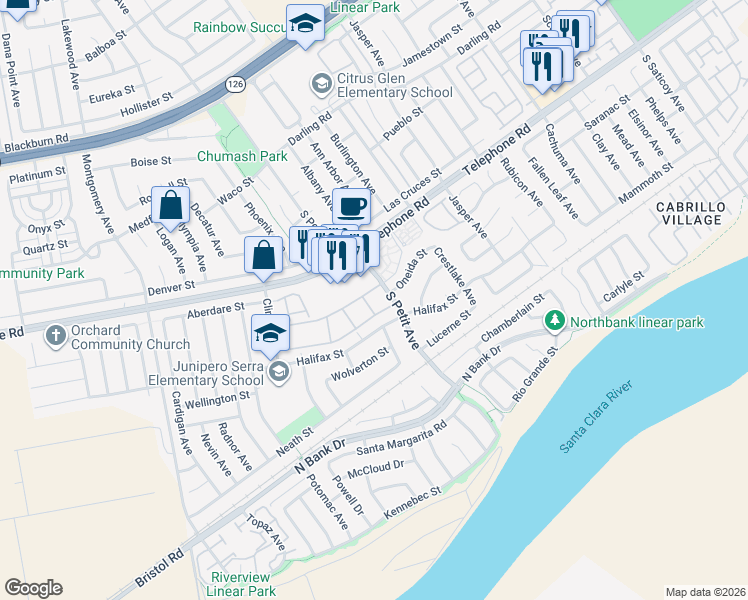map of restaurants, bars, coffee shops, grocery stores, and more near 1247 South Petit Avenue in Ventura