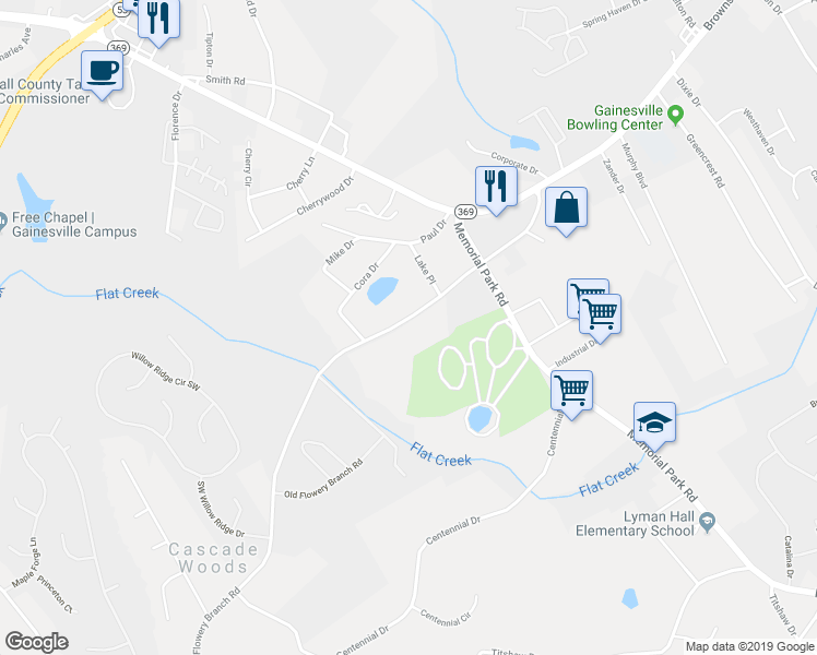 map of restaurants, bars, coffee shops, grocery stores, and more near 2615 Old Flowery Branch Road in Gainesville