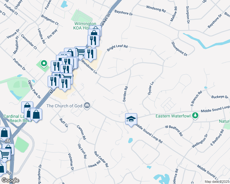 map of restaurants, bars, coffee shops, grocery stores, and more near 239 Bloomington Lane in Wilmington