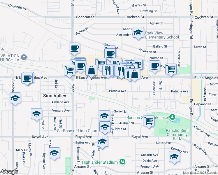 map of restaurants, bars, coffee shops, grocery stores, and more near 1335 Patricia Avenue in Simi Valley