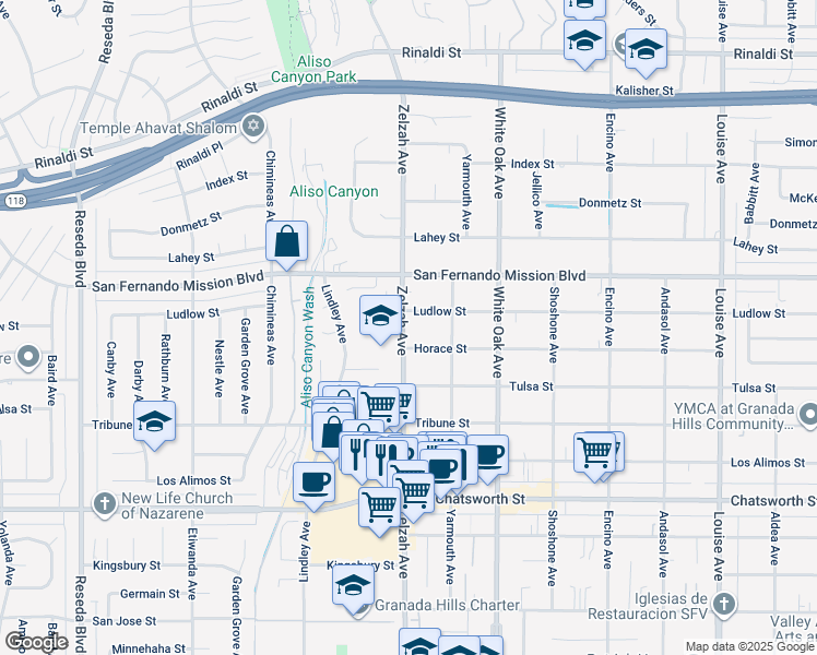 map of restaurants, bars, coffee shops, grocery stores, and more near 11022 Zelzah Avenue in Los Angeles