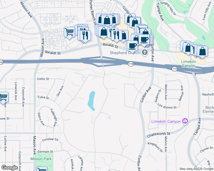 map of restaurants, bars, coffee shops, grocery stores, and more near 11030 Winnetka Avenue in Los Angeles