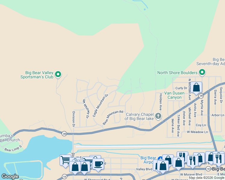 map of restaurants, bars, coffee shops, grocery stores, and more near 1097 Eagle Mountain Drive in Big Bear