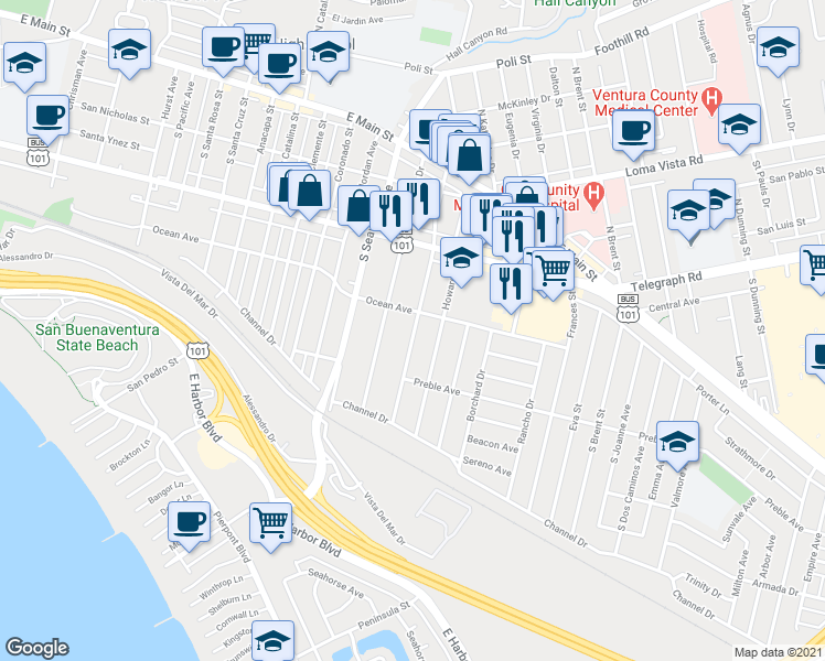 map of restaurants, bars, coffee shops, grocery stores, and more near 417 South Evergreen Drive in Ventura