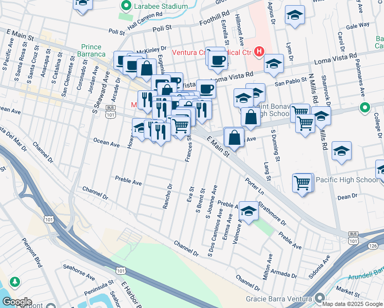 map of restaurants, bars, coffee shops, grocery stores, and more near 220 Frances Street in Ventura
