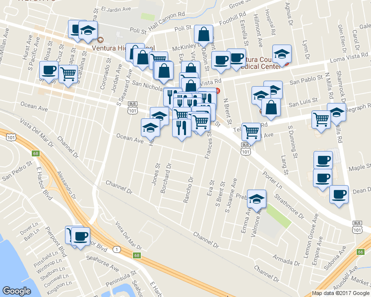 map of restaurants, bars, coffee shops, grocery stores, and more near 2701 Ocean Avenue in Ventura