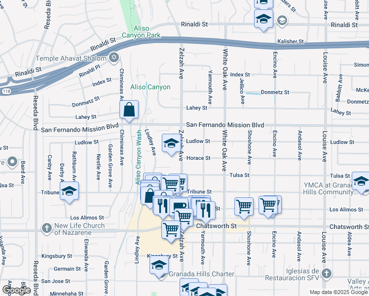 map of restaurants, bars, coffee shops, grocery stores, and more near 11022 Zelzah Avenue in Los Angeles
