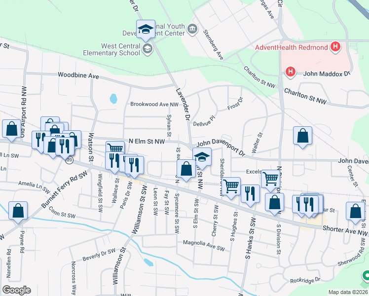 map of restaurants, bars, coffee shops, grocery stores, and more near 207 N Elm St NW in Rome