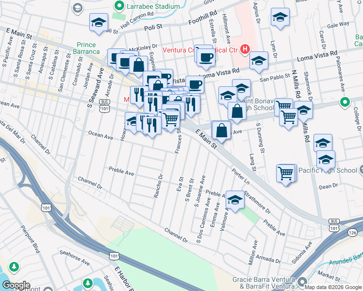map of restaurants, bars, coffee shops, grocery stores, and more near 220 Frances Street in Ventura